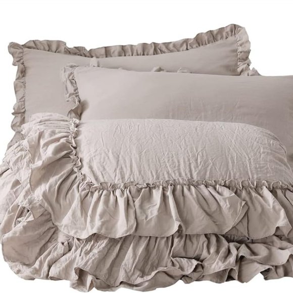 Ecru King Size Bed Comforter Set Taupe Shabby Chic Ruffle Bedding Stone Washed - Picture 7 of 10